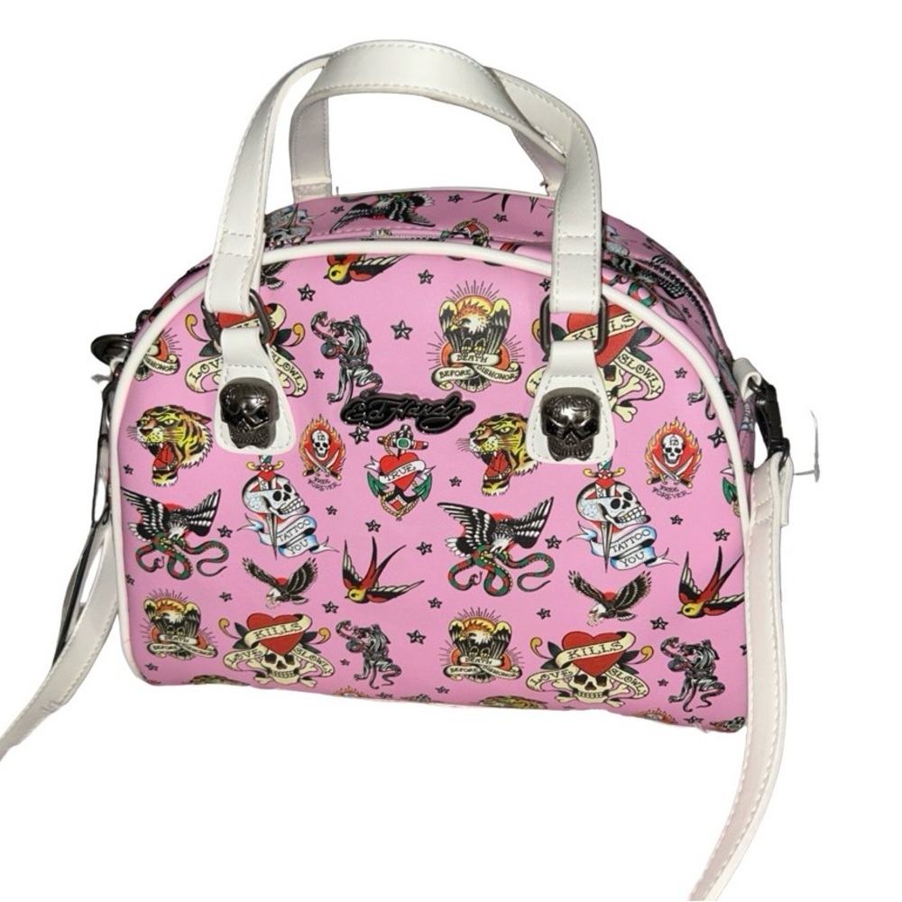 ED HARDY PINK BOWLER HEART & SWORD  EAGLE TIGER SNAKE SKULL BIRDS SATCHEL NWT